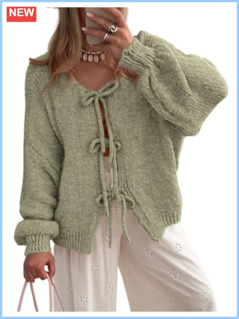 Women's Tie Front Bow Cardigan Sweater Chunky Cable Knit Oversized Puff Sleeve